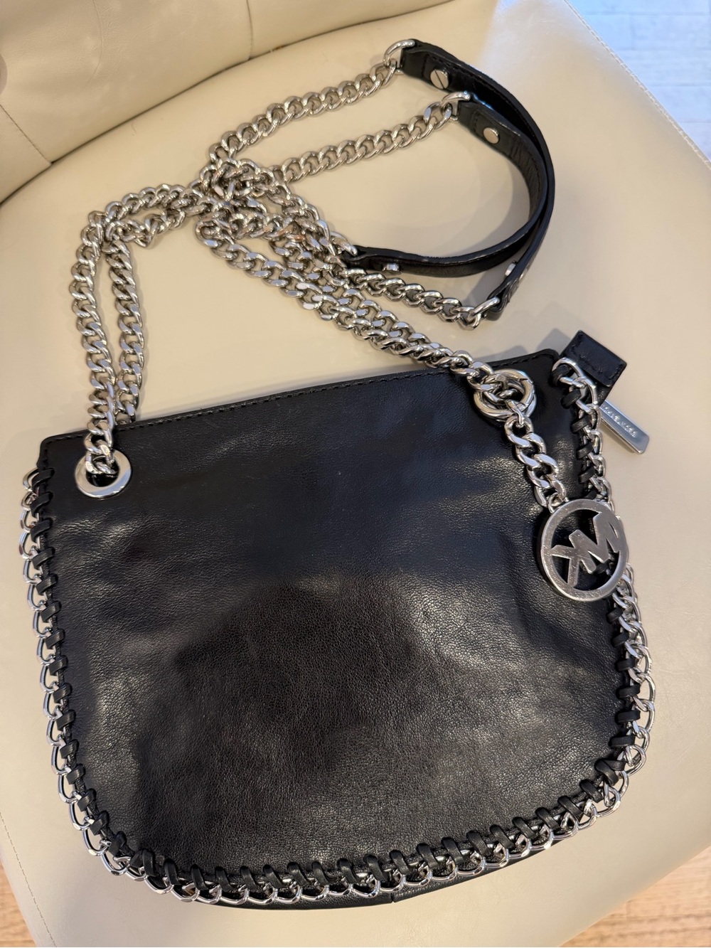 Michael Kors Black Leather Shoulder Bag with Silver Chain Trim